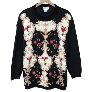VTG JENNIFER REED Hand Knitted 3-D Embroidered Tunic Sweater Sz S Floral Cottage